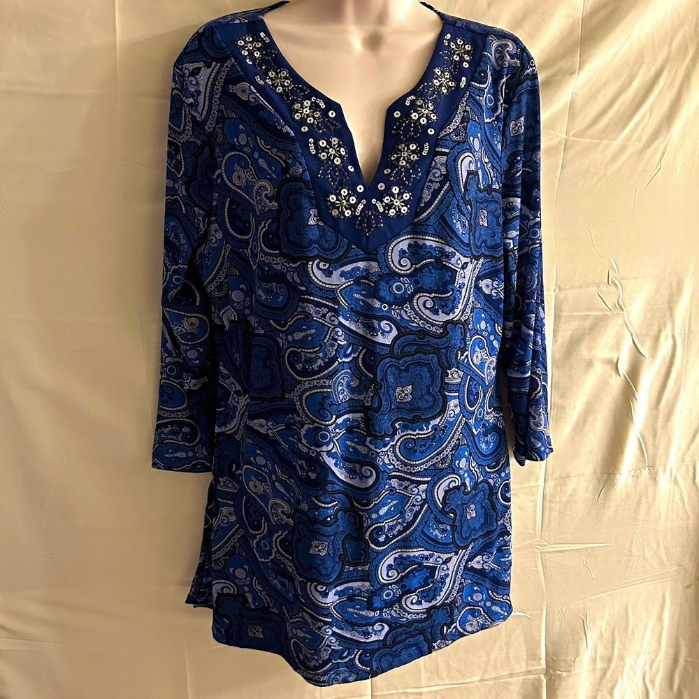 New Large V-Neck 3/4 Sleeve Beaded Sequin Embellished Blouse # #1853*10